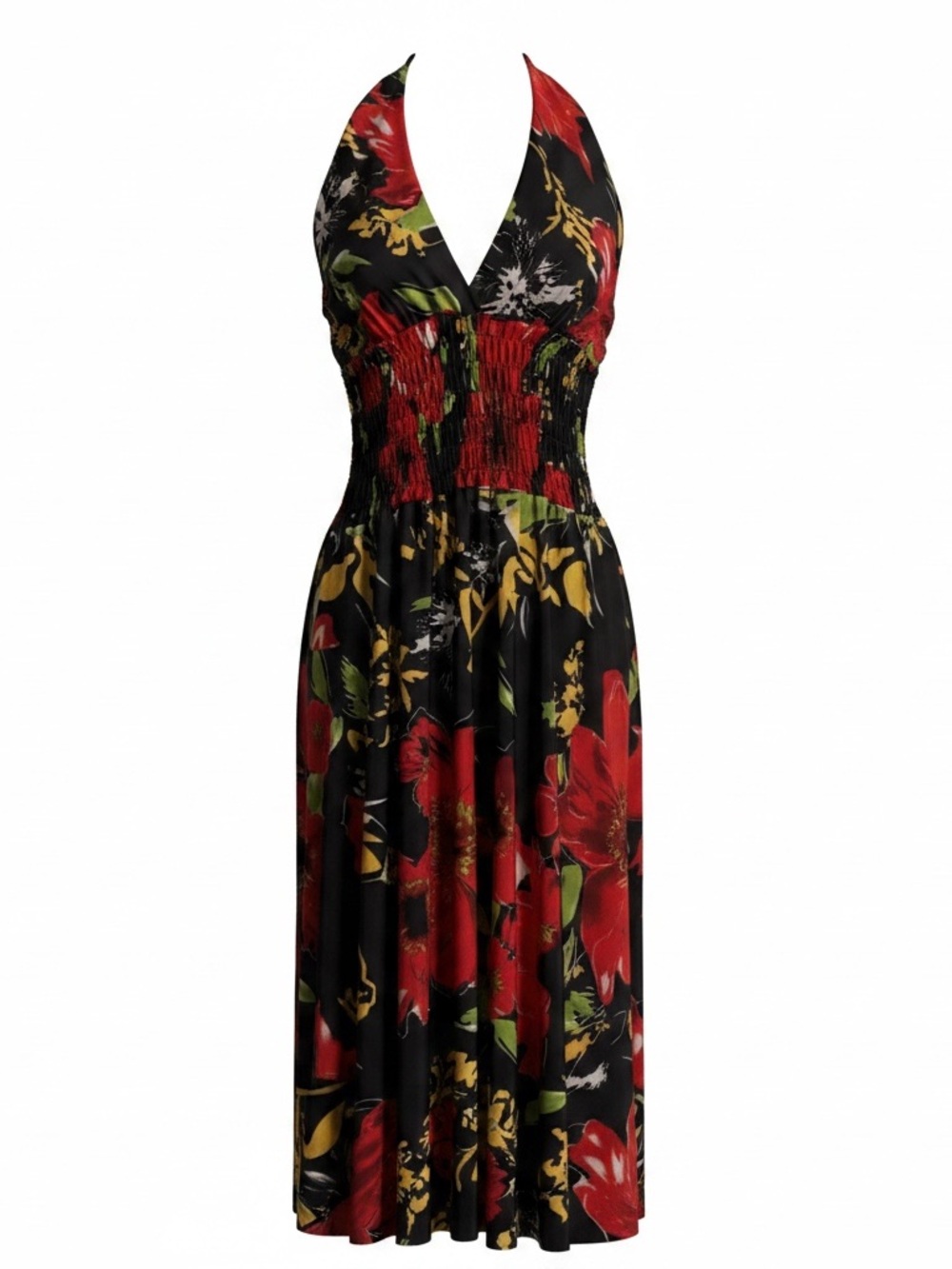 ☀️ Halter Floral Midi Dress in Red and Black • women’s medium